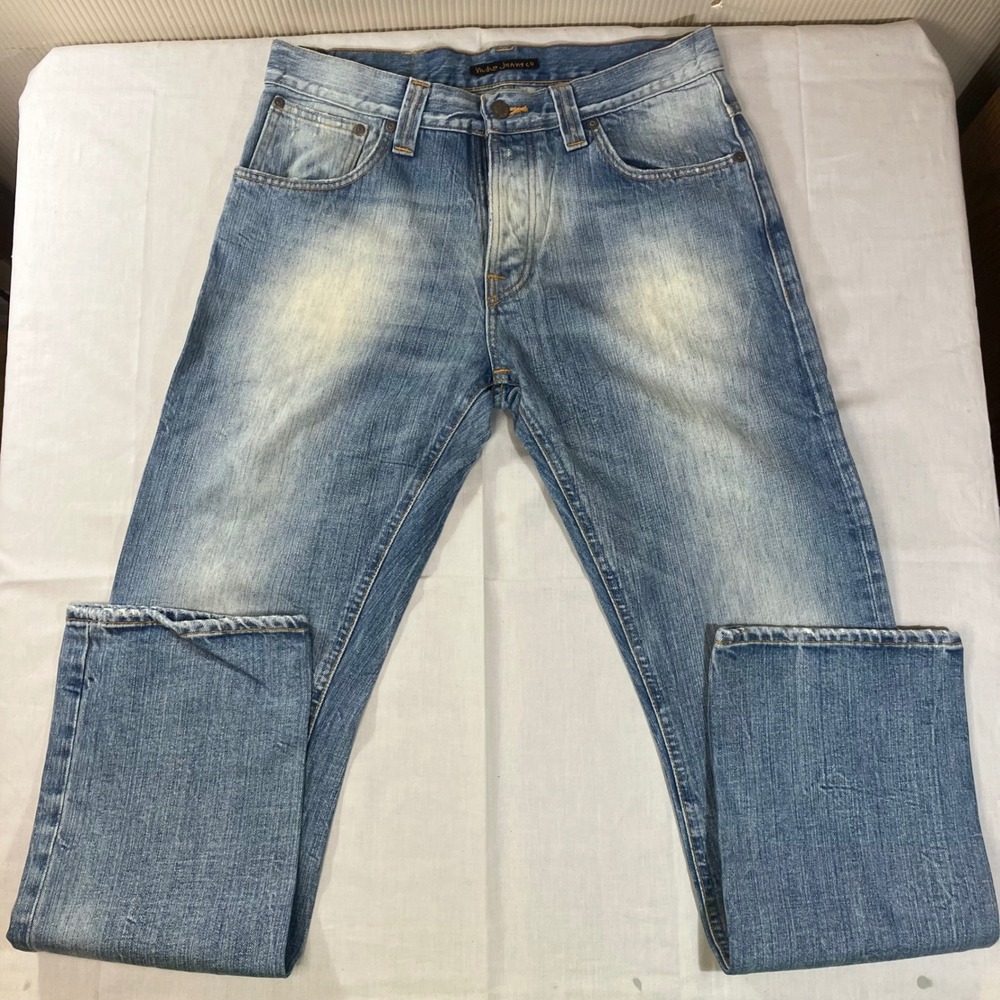 Nudie Jeans Co Mens 32x32 Light Wash Straight Leg Button Fly Denim Blue Jeans